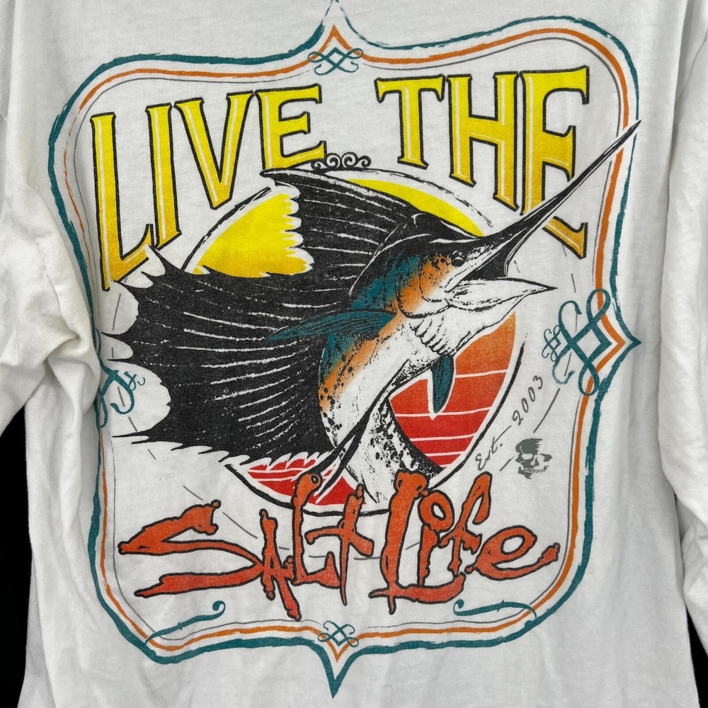 Live The Salt Life Tee Shirt Size Medium White Long Sleeve Adult Sailfish Ocean - Picture 4 of 9